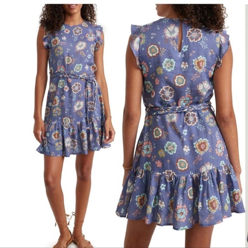 Marine Layer NWT Laney Mini Dress Marlin Hibiscus Ruffle *MISSING BELT* Size M